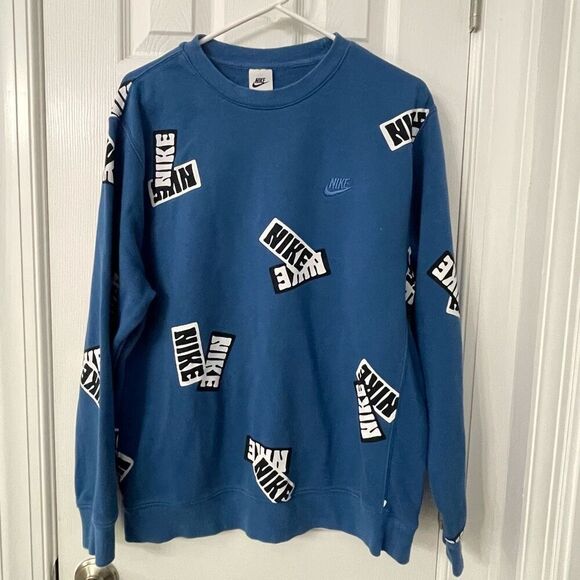 Nike Blue Graphic Logo Crewneck Sweatshirt Size Large All Over Print Cotton Blen - Picture 1 of 7